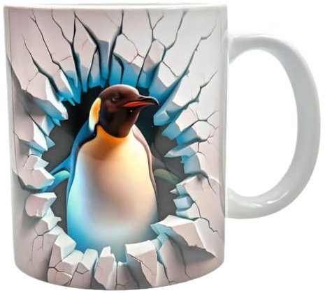 Shopi Zone 11oz Ceramic Mug with 3D Penguin Design Realistic - Broken Wall Effect - Original Mug for Animal and Nature Lovers