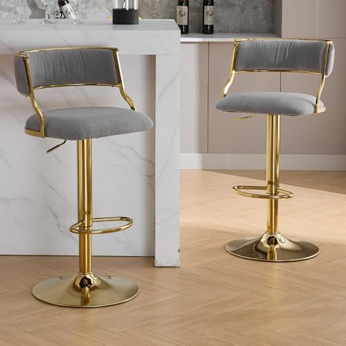 chairus Tabourets de Bar en Velours Lot de 2 Chaises de Bar Dorée Moderne, Chaise Haute Cuisine avec Repos Pied, Gris