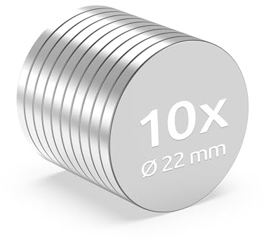 ECENCE IImanes de Neodimio 10 Uds. Ø 22x2mm Extra Fuertes | Imanes redondos de disco con potente fuerza magnética y recubrimiento NiCuNi para una mayor protección
