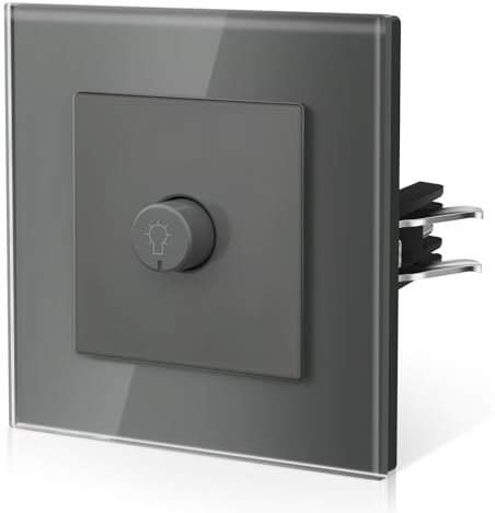 BSEED Interruptor Regulador de Luz con Cristal,Conmutador con Garfio,Fácil Instalación,Fáciles de Limpiar,E-Series,Interruptor de Regulación,86mm Gris