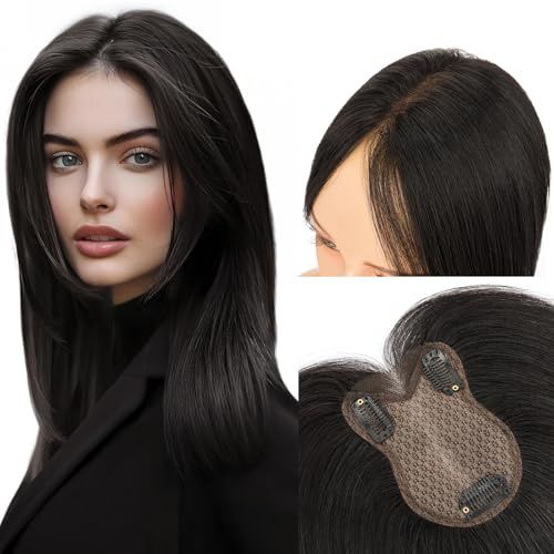 MY-LADY Haartopper Echthaar für Frauen 21g Natürliches Schwarz Leicht Hair Topper Clip in Extensions Natürliche - für Dünnes Haar Ohne Pony (#1B)