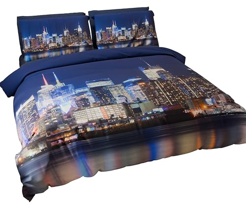 PETTI Artigiani Italiani - Bettwäsche-Set für Einzelbett, Maxi 220 x 155 cm (1 Kissenbezug 80 x 80 cm inklusive), Mikrofaser-Bettbezug mit Digitaldruck New York - Made in Italy