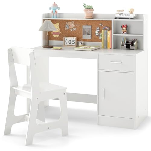 LIFEZEAL Kinderschreibtisch mit Stuhl Set, Multifunktionaler Kinderlerntisch mit Regal & Schublade & Pinnwand, Schreibtisch Kinder mit ergonomischer Hocker für Schüler (Weiß)