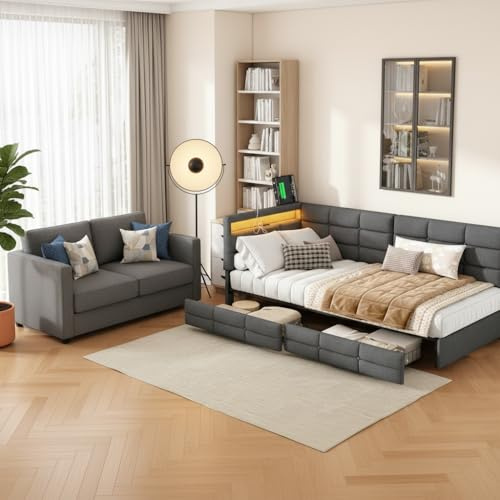 Polsterbett Tagesbett Einzelbett 90x200 mit 2 Stauraum Schubladen,Kinderbett LED-Kopfteil mit USB,Sofabett Jugendbett,Polsterbett Kinderbett,Einzelbett,Ohne Matratze,Leinen (Grau) (Grau, 90x200)