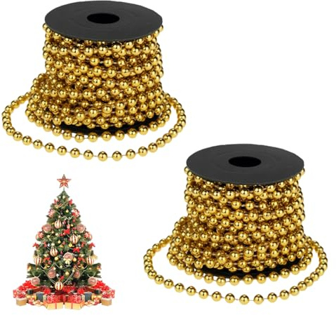 2 Stück Perlenkette für Weihnachtsbaum,10M Gold Perlengirlande,Christmas Decorations,Weihnachtsbaum Deko,Goldener Weihnachtsschmuck,Perlenband,Geeignet für Weihnachts Hochzeits und Partydekorationen