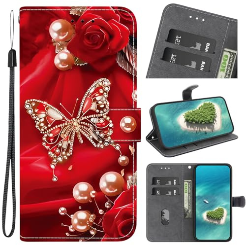 for Xiaomi 9T/9T PRO Hülle PU Lederhülle Flip Case Bunte Gemalt Malerei Brieftasche Etui Schutzhülle Handytasche Ständer Wallet Tasche für Xiaomi 9T/9T PRO,Rote Schmetterlinge Perle, Rot, Festlich