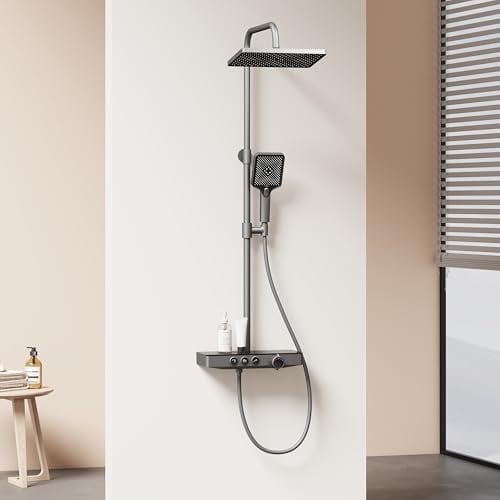 EMKE Duschsystem mit Thermostat, Anthrazit Matt Duschsystem mit Thermostatische Platte, Duschset Handbrause 3 Strahlarten, Regendusche mit Armatur, Duschgarnitur Kopfbrause, Duscharmatur Komplettset