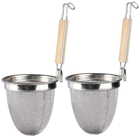 2PCS Pasta Basket for Boiling Stainless Steel Fine Mesh Noodle Strainer with Wood Handle and Pot Hook Pasta Strainer for Food Dumpling Noodle Blanching Basket for Boiling