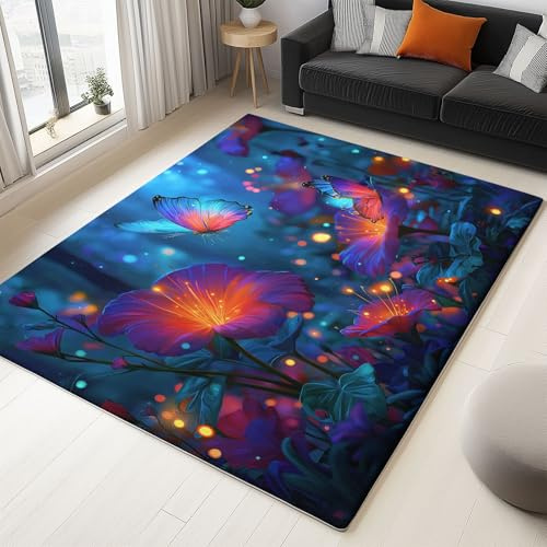 Waschbarer Teppich für Wohnzimmer Kurzflor, Fantasie Dunkeln Leuchtende Blumen Schmetterlinge, Rutschfeste Teppich für Schlafzimmer, Weich Schmutzabweisend Faltbar für den Innenbereich - Größe 80x150