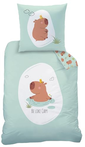 MTOnlinehandel Capybara Bettwäsche 135x200 + 80x80 cm – Renforcé Baumwolle, Öko-Tex Zertifiziert, Reißverschluss – süßes Capybara Motiv „Be Like Capy“, Kinder & Teenager Geschenk