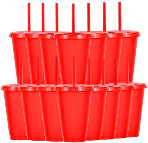 Yisituo Lot de 15 gobelets pour enfants, avec couvercles et paille, en plastique, 486 ml, pour les fêtes, le camping, les voyages (15, rouge)