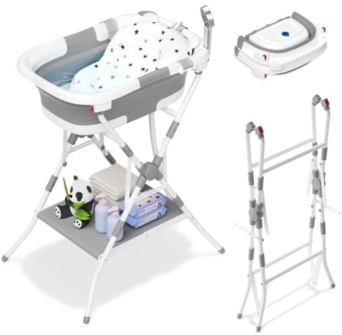 Rabb 1st Baignoire Bébé Pliable Sur Pied, Baignoire avec Support, Confortable Bassine Pliable Bebe Ldéale pour Nouveau Nés et Tout Petits Blanc Grisâtre avec Plateforme de Stockage