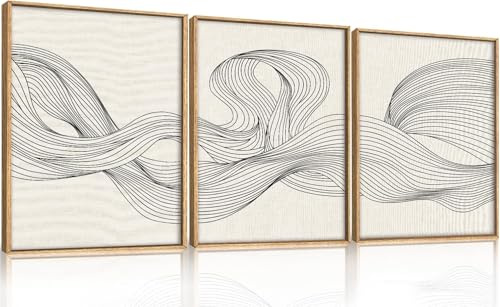 TOARTi Moderne Abstrakte Linienkunst Wandbilder 3er Set Beige Schwarz Minimalistische Leinwanddrucke Moderne Wellen Wanddekoration für Wohnzimmer Schlafzimmer Büro 30x40CM