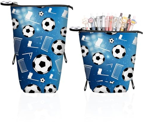 Lvjkes 2-in-1 Teleskopisch Federmäppchen Stifteköcher (Fußball-Blau Tor) | Schlampermäppchen mit Reißverschluss, Stiftehalter zum Stehen, Mäppchen für Kinder, Teenager, Schüler, Schulgebrauch
