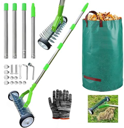 Handvertikutierer mit Rollen, Schneidrechen mit Stiel 165cm, Vertikutierer Rechen Hand mit Gartenabfallsack, Rasenlüfter Rechen, Laubrechen, zur Beseitigung von Moos und Rasenfilz