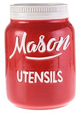 Red Mason Jar Kitchen Utensil Holder for Kitchen Counter - Rustic Ceramic Utensil Crock for Spoons, Spatulas & Cooking Tools - Farmhouse Decor for Countertop - Unique Vintage Container and Organizer