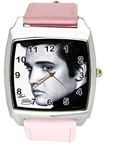 taport® Elvis Presley Music Legend Quarz Square Armbanduhr Pink Echt Leder Band E8 + Gratis Ersatz Batterie + Gratis Geschenkverpackung