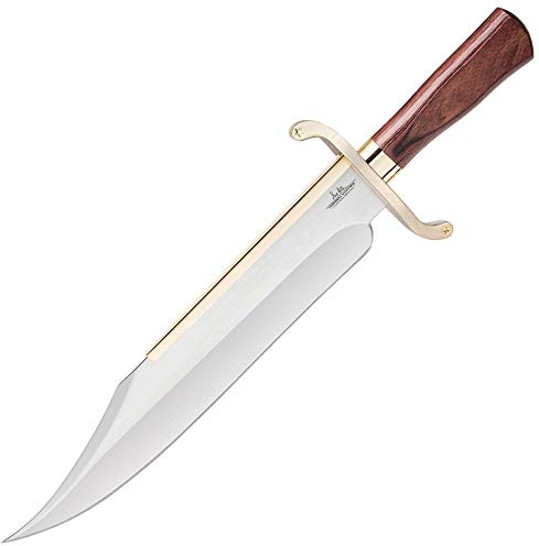 Gil Hibben Old West Bowiemesser Bloodwood Edition mit spiegelpolierter Edelstahlklinge, Gold farbenem Handschutz, lackiertem Holzgriff und schwarzer Gürtelscheide aus Leder