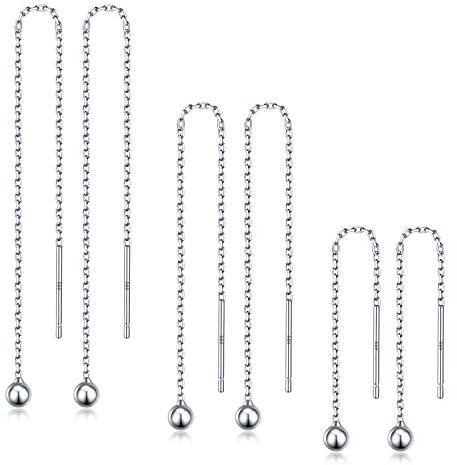 LINGBG JEWELRY 3 Paar Einfädel-Ohrringe 925 Sterling Silber lange Kette Ohrringe (1.6in/2.4in/3.5in) Bar/Ball Wrap Einfädel-Ohrringe für Frauen leichtes minimalistisches Schmuck-Set