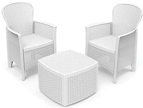 Dmora - Ensemble de salon d'extérieur Naples, Composition de jardin avec 2 fauteuils et 1 table de rangement, Salon effet rotin, 100% Made in Italy, Blanc