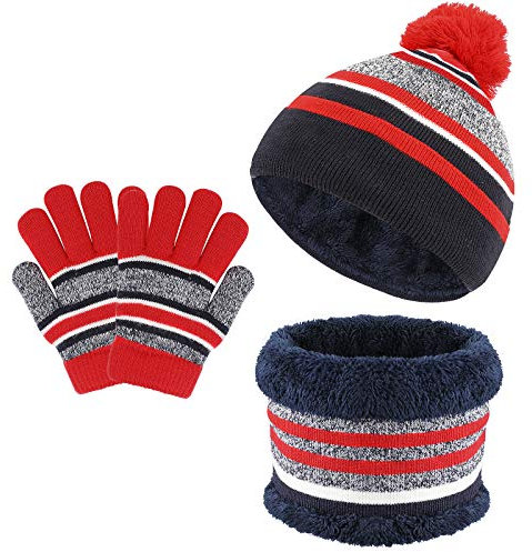 TAGVO 3 en 1 Bonnet Chaud écharpe Ensemble de Gants pour Enfants, Hiver épaissir Polaire Thermique Tricot Chapea écharpe Gants, pour Enfants Garçons Filles, 3-6 Ans, Packs Bonnet,écharpe et Gants
