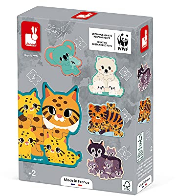Janod - 5 erweiterbare Puzzles Tiere 2- bis 6-teilig - Kleinkindspielzeug Beobachtung und Koordination - - Partnerschaft WWF - FSC-zertifizierte - Ab 2 Jahren, J08625