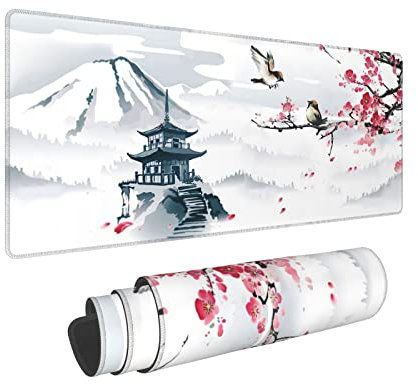 Grand tapis de souris pour gaming motif pagode japonaise, fleurs de cerisier, oiseaux, branches, montagne, avec dos antidérapant en caoutchouc et bords cousus, taille XL, 80 x 30 cm