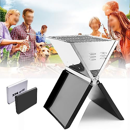 Klappbarbeque-Grill Klappbarer Notebook-Grill aus Edelstahl mit Rost und Holzkohleschale (Silver)