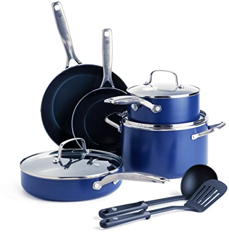 Blue Diamond Cookware Batería de Cocina de 10 Piezas de Ollas y Sartenes Antiadherentes de Cerámica con Infusión de Diamante, Incl Sartén, Cacerolas, Utensilios, Sin PFAS, Horno, Lavavajillas, Azul