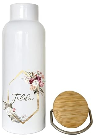 Manufaktur Liebevoll Trinkflasche mit Namen | Personalisiertes Geschenk | 500 ml Isolierflasche aus Edelstahl mit Bambusdeckel | mit trendigem Blumenkranz