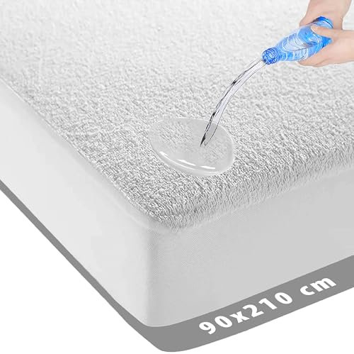 Matratzenschoner Wasserdicht - Wasserdichter Matratzenschoner 90x210 cm - Flanell Spannbettlaken Frottee - Antibakteriell - Rundum elastisch - Weiß - Wasserdichter Matratzenschoner