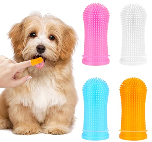 4 Piezas Cepillo de Dientes para Perros, Cepillo Dientes para Mascotas, Silicona Dog Toothbrush, Reutilizable Utilizando Cajas Almacenamiento, Cuidado Dental para Perros, Gatos y Cachorros (4 Colores)