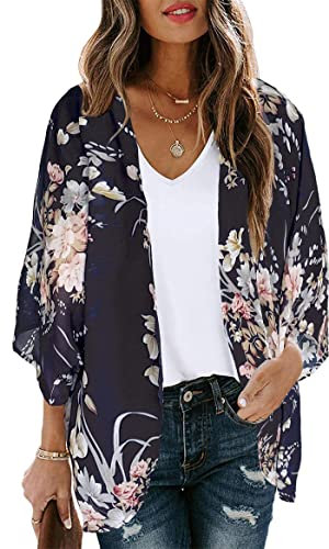 Beach Light Weight Cardigans 3/4 Sleeve Kimono Shirt Vintage Flowy Shrug Cruise Wear for Women(Navy Flower,2XL)