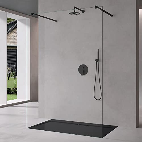 Mai & Mai Duschwand Duschabtrennung 2 Schwarze Haltestange für Walk-In Dusche 140cm 8mm Klarglas ESG-Sicherheitsglas mit Nanobeschichtung Rechteckiger Stabilisator Bremen01K+2
