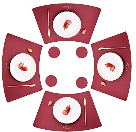 Juego de Mesa y Fondo de Cristal, Resistente al Calor, Antideslizante, Lavable, Mesa de Cocina aislada, Estilo escandinavo, Rosa Juego de 4 (Rojo)