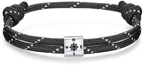 J.Endéar Kompass Nautische Paracord Armband für Herren, Silber 925 Handgefertigtes Seil Unisex Armband Surfer Sommer Strand Schmuck Partner Freundschaft Geschenk, Schwarz