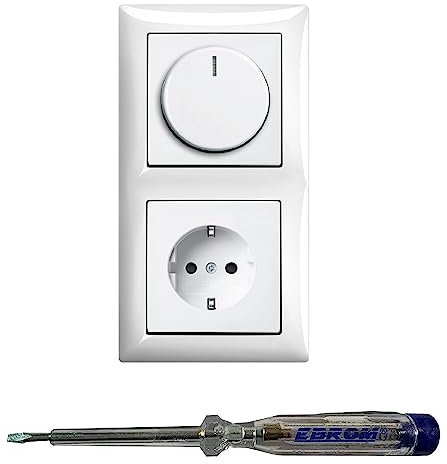 Busch Jäger 6523U-102 LED Drehdimmer Dimmer + Dimmerscheibe 2115-914 und Steckdose 20EUC-914 in Balance Si alpinweiß glänzend inklusive EBROM Phasenprüfer zur Montage der Geräte (6523 U – 102)