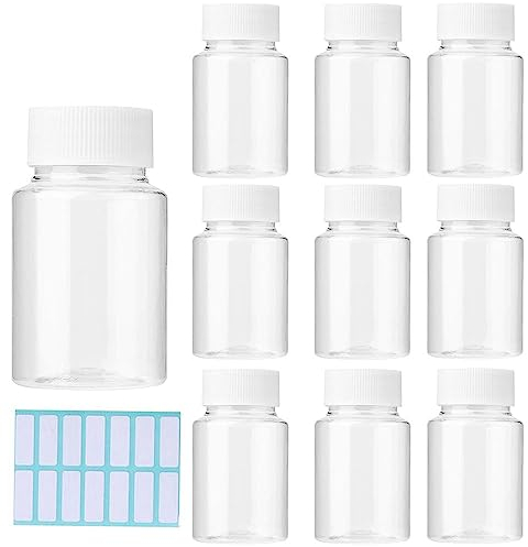 SKYPRO 10 botellas transparentes de plástico para medicinas, recipientes vacíos con tapas para medicina líquida en polvo sólido con calcomanía (50 ml)