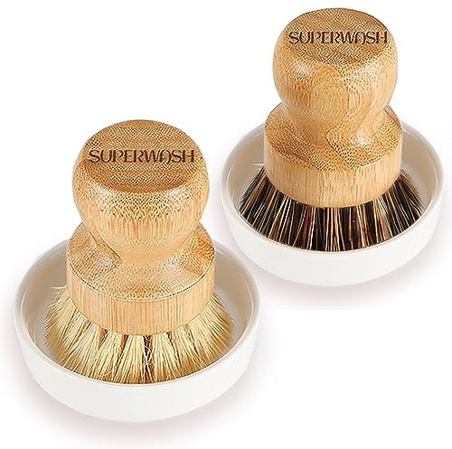 SUPERWASH PLUS Bamboo Brush Dish Scrubber Clean Pan and Vegetable, Natural Bristles Palm Pot Brush 2 Pack Round Mini Dish Brush with 2 Ceramic Dish for Kitchen Sink Cleaning
