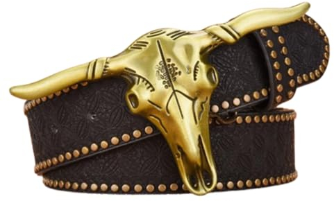 NALANY Nietengürtel Prägung Ledergürtel Für Männer Western Cowboy Stier Bulle Longhorn Gravierte Gold Gürtelschnalle Für Casual Jeans Hosen(125cm/waist:43, Black)