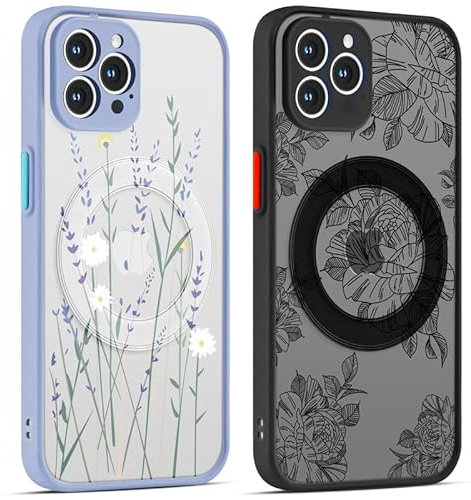 ZhuoFan 2 Pezzi Cover Magnetica per Apple iPhone 13 Pro 6.1 Pollici Compatibile con MagSafe, Aesthetic fiore Motivo Disegni Traslucido Custodia con Antiurto, TPU Hard PC Bumper Protettiva Case
