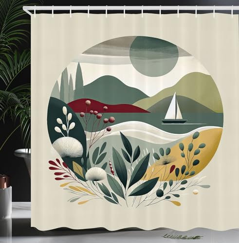 ABAKUHAUS Nautisch Duschvorhang, Modernes Boho Meerbild mit Boot und botanischen Details in abstrakten Waldtönen, Stoffliches Gewebe Badezimmerdekorationsset mit Haken, 175 x 200 cm, Salbeigrün