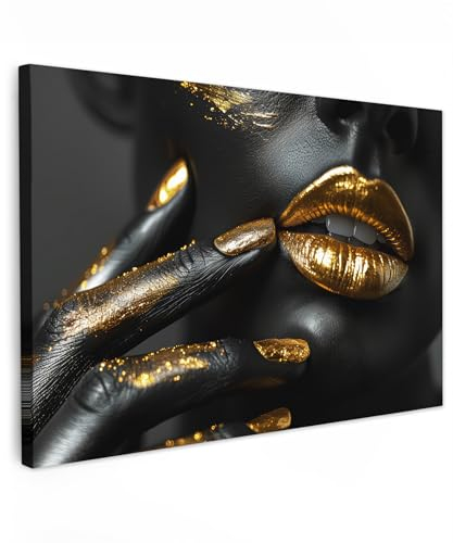 MuchoWow© Leinwände Groß 120x80 cm XXL Wall Decoration Bilder für die Wand Schlafzimmer Deko Pictures Canvas Painting Wanddekoration Wohnzimmer Gold - Lippen - Porträt - Abstrakt - Luxus