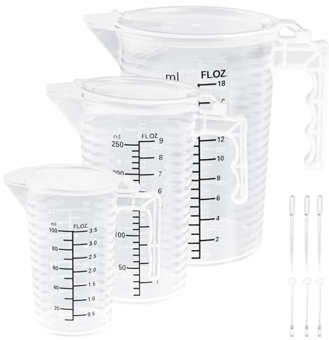 CAREDGO Messbecher Set, 3 Stück Measuring Cups 100ml 250ml 500ml Messbecher kunststoff Feine Skala Dosierbecher mit Griff Meßbecher Hitzebeständig mit Rührstäbe Bürste für Zuhause, Labor