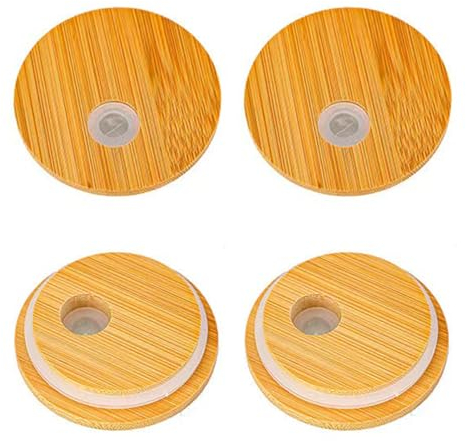 PERZOE Silicone Ring Cup Lid for Leak-proof Sealing Sustainable Bamboo Jar 4 Pcs with Straw Hole Seal Regular Mouth Jars 2.76inch Canning Replacement Beer Wooden Color