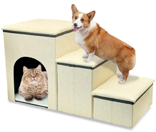 Fhiny Dog Stairs with Storage, 3-Steps Foldable Pet Stairs for Small Dogs Non-Slip Puppy Steps with Condo for High Bed & Couch Dog Ramp for Old Dogs and Cats, Holding up to 160 lbs Pets (Khaki)