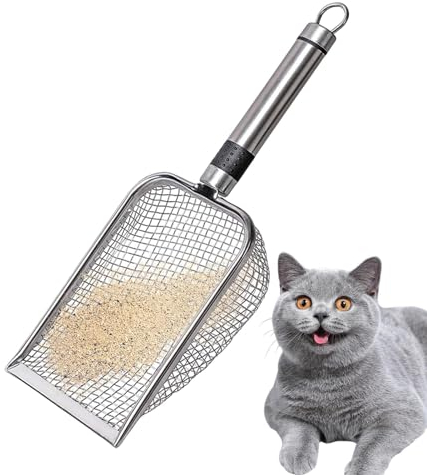 Genikeer Long Handle Kitty Shovel, Cat Sand Scoop Sieve, Metal Cat Scoop Small Holes, Kitten Pooper Lifter, Non-Stick Large Scooper For Box