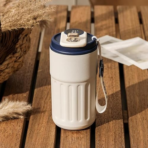 JUGTE Coffee Cup Digital Display, Thermos Flask, 460 ml, 316 Stainless Steel Travel Mug, Insulated Vacuum Thermal, Leak-Proof With Lid for Coffee (White Blue)