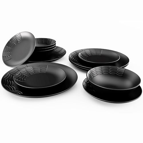 Nomnu Juego de vajilla de telaraña (12 piezas) – 4 platos llanos, 4 platos de ensalada, 4 cuencos – Juego de vajilla gótica de porcelana negra mate – Vajilla de Halloween platos espeluznantes, platos