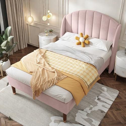 Sapgaks Lit 90x200 avec Sommier à Lattes et Tête de Lit, Cadre en Bois pour 1 Personne, Double, Capitonné, pour Adultes & Adolescents, Velours, Rose